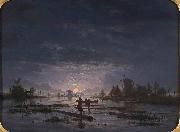 Jacob Abels An Extensive River Scene with Fishermen at Night Sweden oil painting artist